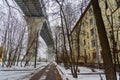 Western High-Speed Diameter over the houses on Kanonersky Island in winter. Saint Petersburg. Russia, Royalty Free Stock Photo