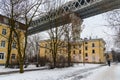 Western High-Speed Diameter over the houses on Kanonersky Island in winter. Saint Petersburg. Russia, Royalty Free Stock Photo