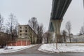 Western High-Speed Diameter over the houses on Kanonersky Island in winter. Saint Petersburg. Russia, Royalty Free Stock Photo