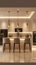 Western kitchen and bar area in a realistic photograph. Highlight the clean lines, neutral palette, and spacious layout
