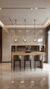 Western kitchen and bar area in a realistic photograph. Highlight the clean lines, neutral palette, and spacious layout