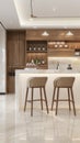 Western kitchen and bar area in a realistic photograph. Highlight the clean lines, neutral palette, and spacious layout