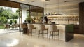 Western kitchen and bar area in a realistic photograph. Highlight the clean lines, neutral palette, and spacious layout