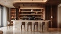 Western kitchen and bar area in a realistic photograph. Highlight the clean lines, neutral palette, and spacious layout