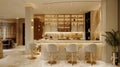 Western kitchen and bar area in a realistic photograph. Highlight the clean lines, neutral palette, and spacious layout