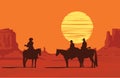 Western landscape with armed cowboys at sunset Royalty Free Stock Photo