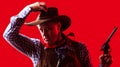 Western man with hat. Portrait of farmer or cowboy in hat. American farmer. Portrait of man wearing cowboy hat, gun