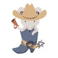 Western mouse baby cute print. Wild west animal with hat, boot, gun.