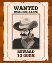 Western placard on old parchment. Wanted wild bandit. Vector poster Royalty Free Stock Photo