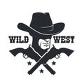 Western retro logo with cowboy in hat and crossed guns Royalty Free Stock Photo