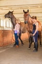 Cowgirl and jockey walking with horses in stable Royalty Free Stock Photo