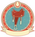 Western saddle on label background