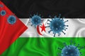 Western Sahara flag. Blue viral cells, pandemic influenza virus epidemic infection, coronavirus, infection concept. 3d-rendering