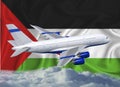 Western Sahara flag with white airplane and clouds. The concept of tourist international passenger transportation