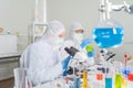 A western scientists couple working on test tube to analysis and develop vaccine of covid-19 virus in lab or laboratory in Royalty Free Stock Photo