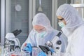 A western scientists couple working on test tube to analysis and develop vaccine of covid-19 virus in lab or laboratory in