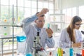 A western scientists couple working on test tube to analysis and develop vaccine of covid-19 virus in lab or laboratory in