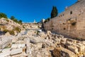 Western side of Temple Mount walls with Robinson`s Arch and Western Wall excavation in Jerusalem Old City in Israel