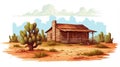 Western Style Cabin In Desert: Vector Graphics On White Background