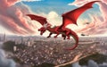 Red dragon in flight, with helicopter chase, over a city.