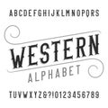 Western style retro alphabet font. Distressed serif type letters, numbers and symbols.