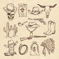 Western symbols. Cowboy, guns, saloon and other wild west pictures set. Vector hand drawn pictures