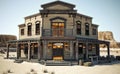 Western town saloon lit up and open for business with a mountainous background.