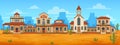 Western town street. Cartoon wild west landscape with old wooden buildings, rural city scene with bank hotel cowboy Royalty Free Stock Photo