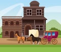 Western town with wooden buildings and horses carriage over landscape background Royalty Free Stock Photo