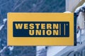 Western Union street sign close up shot. Royalty Free Stock Photo