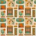 Western vector background. Wild West seamless pattern. Saloon, desert, revolver and cactus