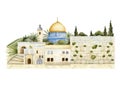 Western Wall and Dome of the Rock in old town of Jerusalem watercolor illustration. Cityscape of Israel capital city Royalty Free Stock Photo