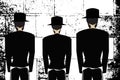 Western Wall, Jerusalem. The Wailing Wall. Religious Jewish Hasidim in hats and talit pray. Black and white vector illustration