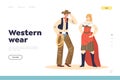 Western wear landing page with retro couple cowboy and cabaret dancer woman in country clothes