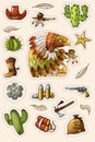 Western wild west art stickers set. Gun, bullets, cactuses and many other items Royalty Free Stock Photo