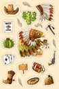 Western wild west art stickers set. Gun, bullets, cactuses and many other items Royalty Free Stock Photo