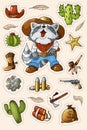 Western wild west art stickers set. Gun, bullets, cactuses and many other items Royalty Free Stock Photo