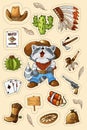 Western wild west art stickers set. Gun, bullets, cactuses and many other items