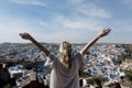 Western woman exploring the blue city, Jodhpur India Royalty Free Stock Photo