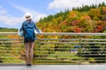 Westerner traveller woman with map in hand admiring view of atumn landscape in japan Royalty Free Stock Photo