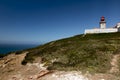 The westernmost lighthouse of Cabo da Roca in Porugalia with the yellow-flowered Hottentot fig growing