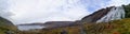 Westfjords of Iceland Dynjandi waterfall panorama of fall and the snow covered fjord