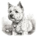 Westie, West Highland White Terrier, engraving style, close-up portrait, black and white drawing, cute dog, Royalty Free Stock Photo