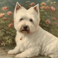 Westie, West Highland White Terrier, old vintage retro postcard style, close-up portrait, cute dog, Royalty Free Stock Photo