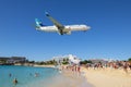 Airplane flying over Maho Beach, Sint Maarten, Dutch Caribbean