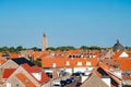 Westkapelle, Netherlands, August 2019. The lighthouse made from the remains of the church tower stands out against the city