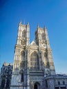 Westminster Abbey Church against bright blue sky during sunset. Royal wedding was held here in United Kingdom, England, London,