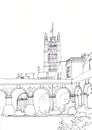 Westminster abbey courtyard and Parliament tower, London, UK, graphic black and white drawing, travel sketch Royalty Free Stock Photo