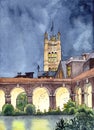 Westminster abbey courtyard and Parliament tower, London, UK, watercolor drawing, travel sketch Royalty Free Stock Photo