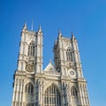 Westminster Abbey towers against bright blue sky during sunset. Royal wedding was held here in United Kingdom, England, London,